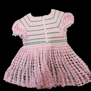 Vintage Handmade Pink and Green Crochet Baby/Doll Dress Or baby